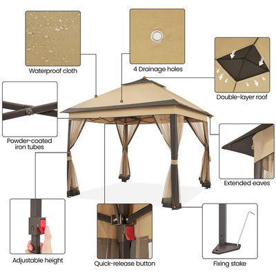 Tente de gazebo extérieure recouverte de poudre de 3,3 x 3,3 M avec 4 murs latéraux en maille étanche