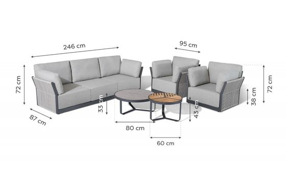 Assortiment de canapé extérieur de villa commerciale avec cadre en aluminium et table basse Dia80 x H33cm
