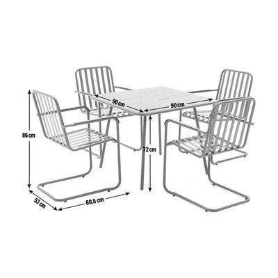 Meubles d'extérieur en acier métallique à 4 places, ensemble de jardin avec table carrée et chaises à manger