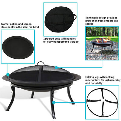Patio extérieur jardin jardin feu de camping rond métal feu Pit Bowl avec Poker en noir