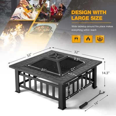 30 livres de métal carré de la table du foyer 32 pouces bois brûlant barbecue pour jardin de camping