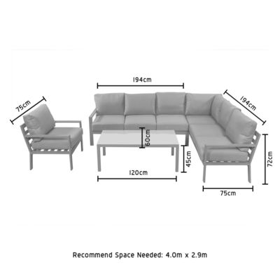 Couchette de jardin en forme de L moderne en aluminium avec table basse Taille L 120 x W60 x H45cm