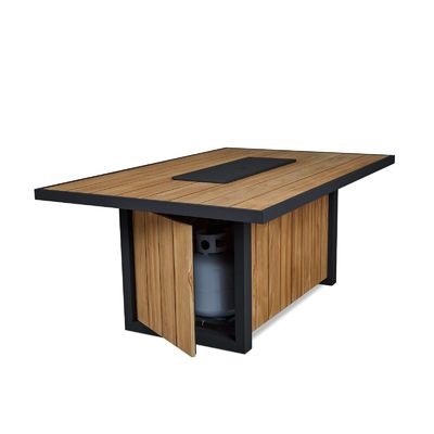Table de cuisine extérieure avec feu à gaz de propane Table de grenier avec cadre en aluminium en bois de teck