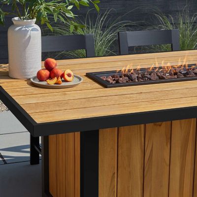 Table de cuisine extérieure avec feu à gaz de propane Table de grenier avec cadre en aluminium en bois de teck