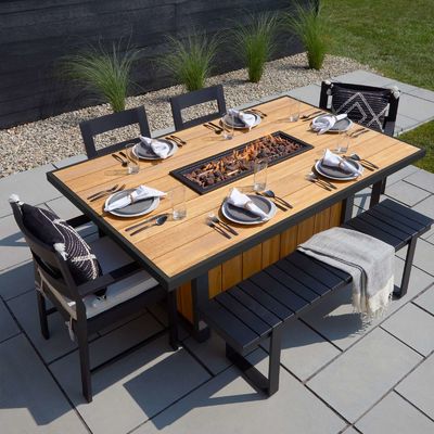 Table de cuisine extérieure avec feu à gaz de propane Table de grenier avec cadre en aluminium en bois de teck