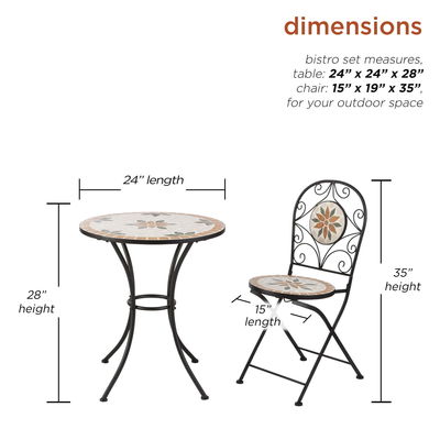 AJUNION 3 pièces de mosaïque en fer Patio Bistro avec table en céramique et chaises pliantes