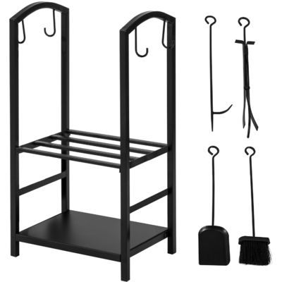 2 niveaux rangement de bois de chauffage W46 x D30 x H75cm Porteur de bûcher de cheminée avec cheminée et 4 outils