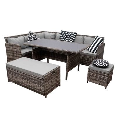 Ensemble de jardin extérieur avec banc de rangement AJUNION 9 sièges canapé d'angle en rotin