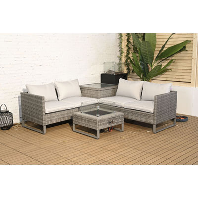 Couchette sectionnelle en rotin en extérieur avec table de foyer et boîte de rangement AJUNION 4 places