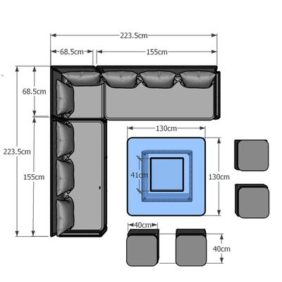 Table à manger de la fosse à feu Taille L130xW130xH60cm 11 sièges Canapé d'angle