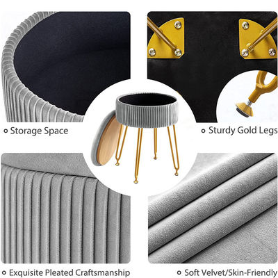 Logo personnalisé Stockage en velours Solde ottoman avec jambes métalliques et tabouret rond pour repose-pieds