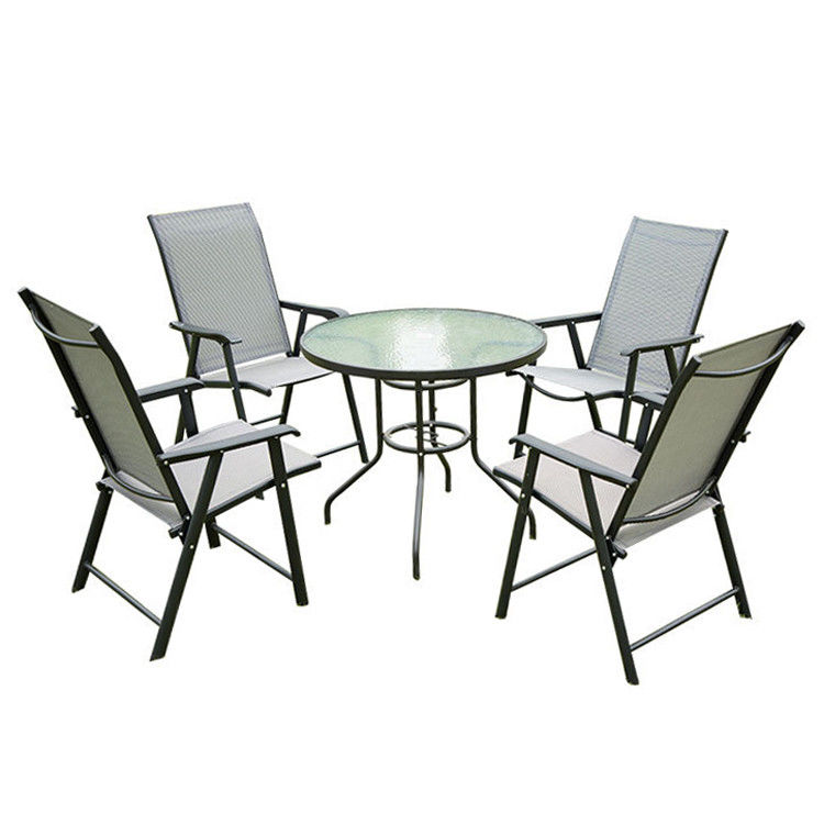 Ensemble de jardin en extérieur en aluminium avec table à manger en verre rond et chaises Teslin
