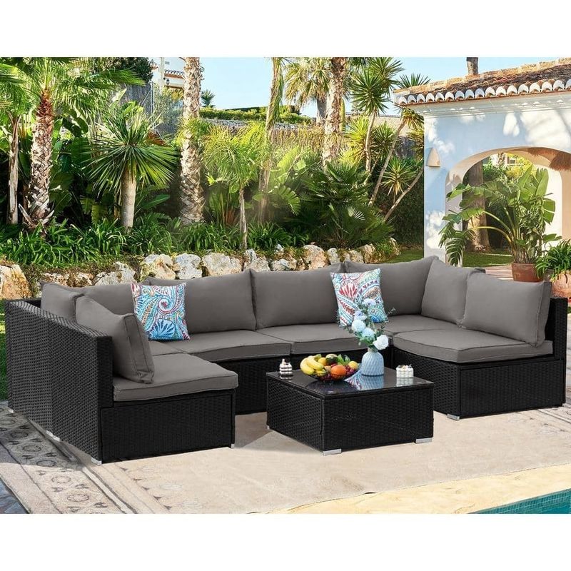 AJUNION Wicker Rattan PE Couchette sectionnelle de jardin ensemble de meubles de patio ensemble de conversation de meubles d'extérieur