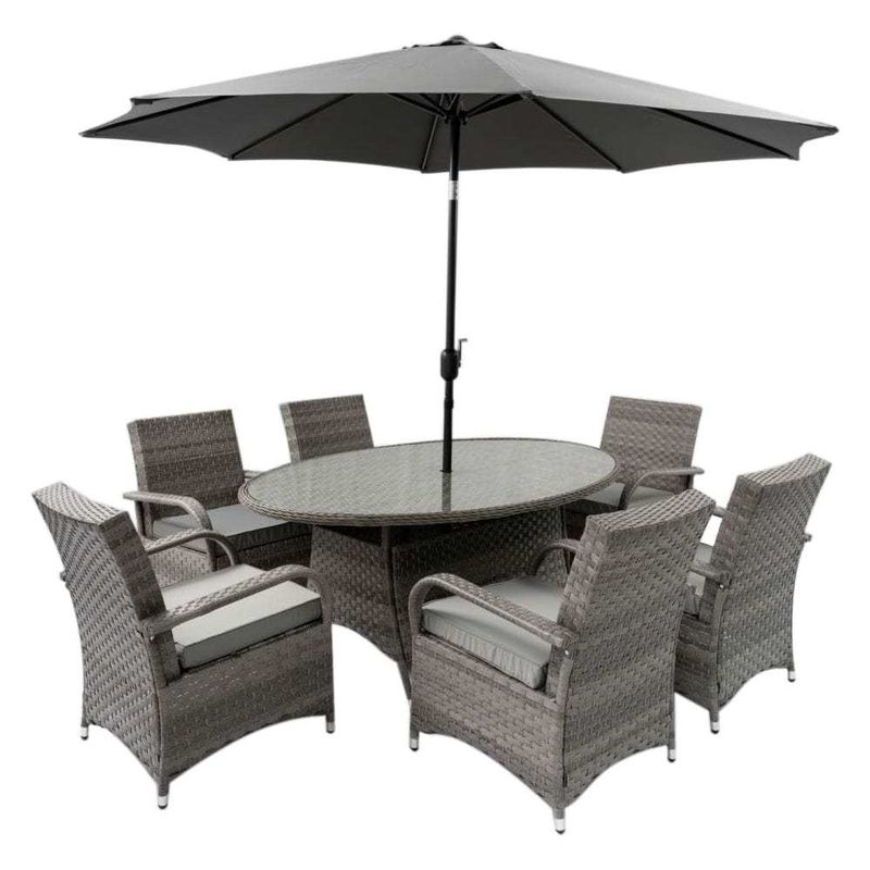 9 sièges, salle à manger extérieure avec table ronde et coussins par AJUNION Rattan Furniture
