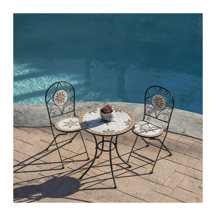 AJUNION 3 pièces de mosaïque en fer Patio Bistro avec table en céramique et chaises pliantes