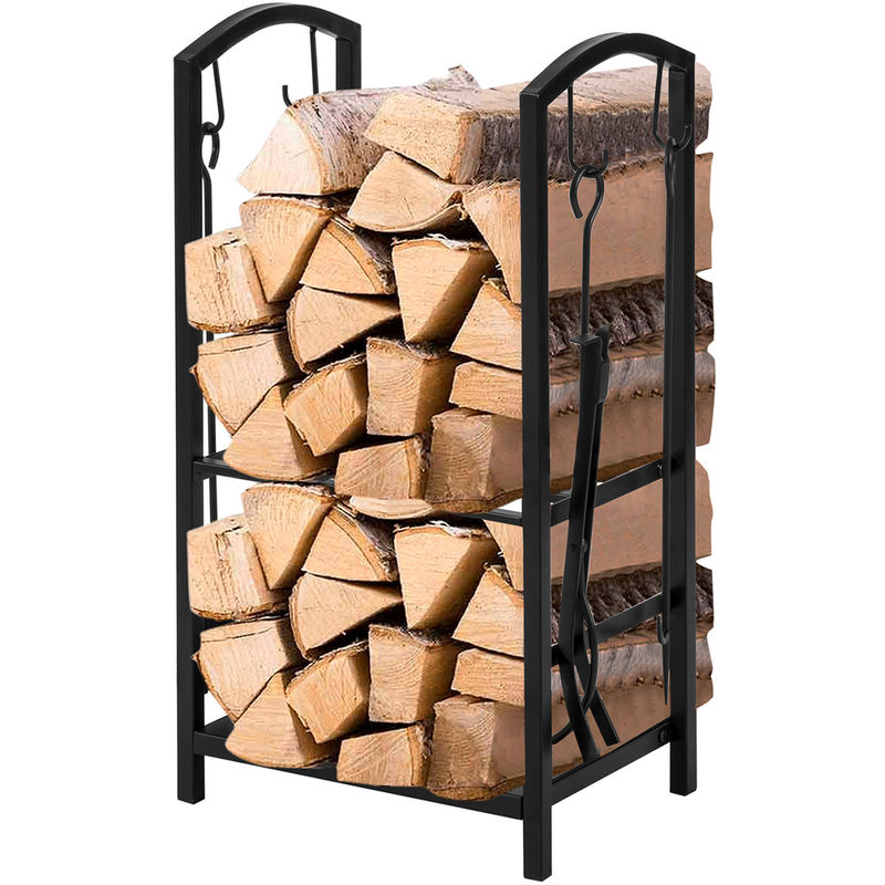 2 niveaux rangement de bois de chauffage W46 x D30 x H75cm Porteur de bûcher de cheminée avec cheminée et 4 outils