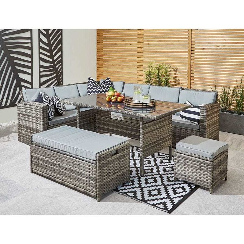 Ensemble de jardin extérieur avec banc de rangement AJUNION 9 sièges canapé d'angle en rotin