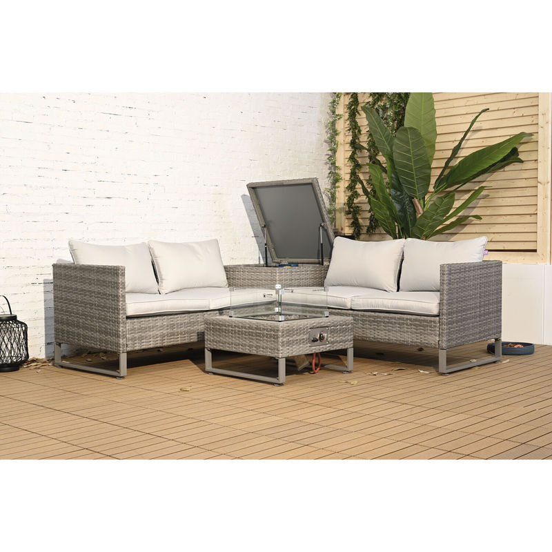 Couchette sectionnelle en rotin en extérieur avec table de foyer et boîte de rangement AJUNION 4 places