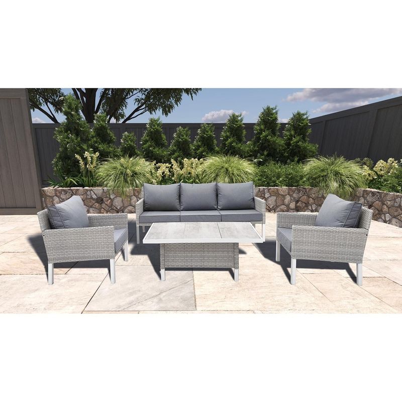 Meubles en rotin en extérieur de style moderne 4 pièces ensemble de salon avec taille de canapé L193xW71xH77cm