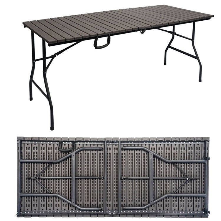 Métal extérieur pliable portable bois grain HDPE plastique pliable bière pique-nique table à manger