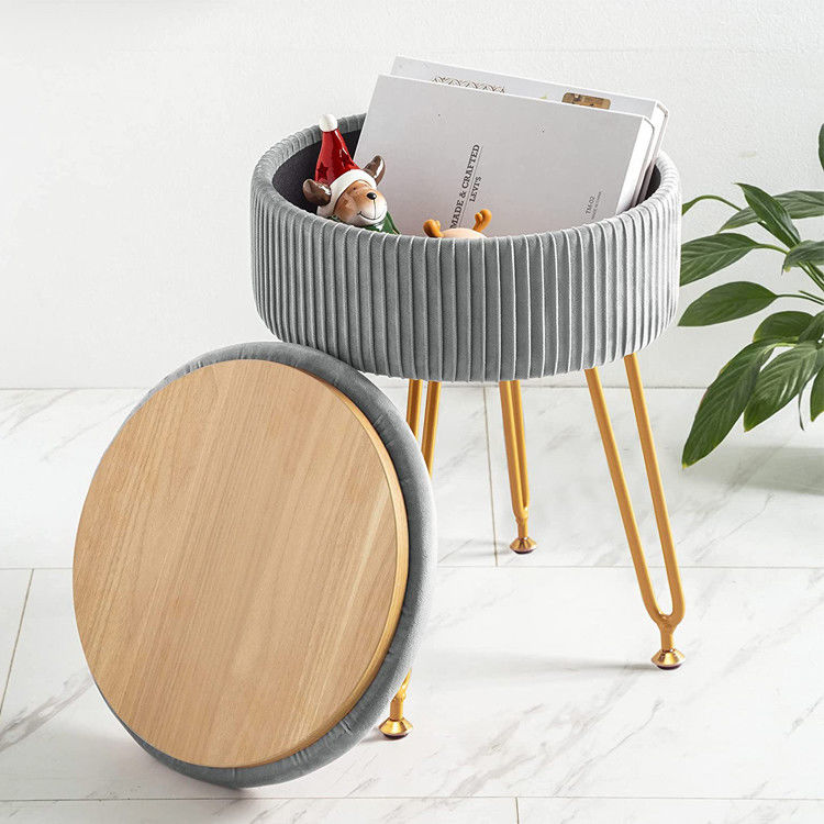 Logo personnalisé Stockage en velours Solde ottoman avec jambes métalliques et tabouret rond pour repose-pieds